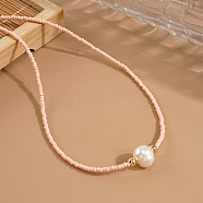 Potato Naural Pearl & Brass & Glass Seed Beaded Necklaces, Golden, Pink(BD0566-5)