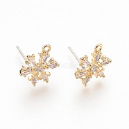 Brass Cubic Zirconia Ear Stud Findings, with Loop, Snowflake, Clear, Nickel Free, Real 18K Gold Plated, 11x8.5mm, Hole: 1mm(X-KK-S336-30G)