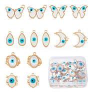 28Pcs 7 Styles Alloy Resin Pendants, Evil Eye Charm, with Enamel, Light Gold, Butterfly & Hamsa Hand & Moon, Mixed Shapes, White, 18~25x10.5~26x3~6mm, Hole: 1.6~2.5mm, 4pcs/style(FIND-FH0007-01)