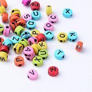 Craft Acrylic Horizontal Hole Letter Beads, Flat Round, Mixed Color, Letter, 6~7x3.5~4mm, Hole: 2mm, about 3600pcs/500g(SACR-S201-09)