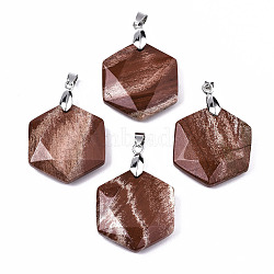 Natural Red Jasper Pendants, with Platinum Tone Brass Pinch Bail, Faceted, Hexagon, 42.5x29.5x7.5~8.5mm, Hole: 3x5mm(G-T131-27B)