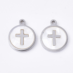 304 Stainless Steel Charms, with Shell, Flat Round with Cross, Stainless Steel Color, 12x10x1.5mm, Hole: 1.2mm(STAS-S079-124P)