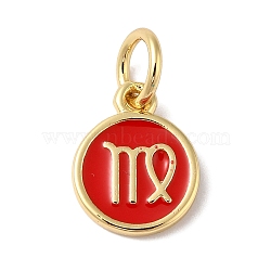 Real 18K Gold Plated Brass Enamel Charms, with Jump Ring, Long-Lasting Plated, Lead Free & Cadmium Free, Flat Round with Virgo Charms, Red, 10x8x1mm, Hole: 4mm(KK-L216-001G-L03)