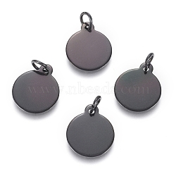 304 Stainless Steel Charms, with Jump Rings, Blank Stamping Tag, Flat Round, Electrophoresis Black, 14.5x12x0.8mm, Hole: 3.5mm(EJEW-L238-02C-B)