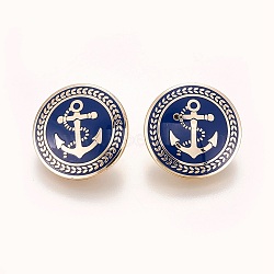 Alloy Enamel Shank Button, Flat Round with Anchor, Nautical Buttons, Blue, Golden, 20x8mm, Hole: 2mm(X-BUTT-WH0010-01G-20mm)