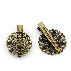Alligator Hair Clip Findings, with Brass Filigree Trays and Iron Alligator Clips, Antique Bronze, 33~35x25x9mm(PHAR-E011-06AB)