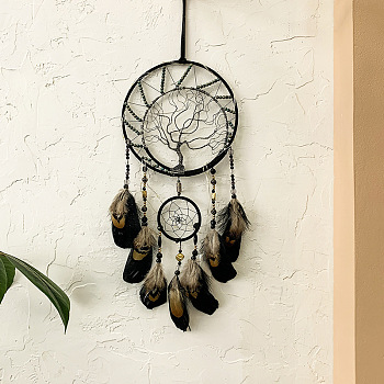 Woven Net/Web with Feather Pendant Decoration, with Iron Ring and Tassels, Flat Round with Tree of Life, Black, 570x200mm