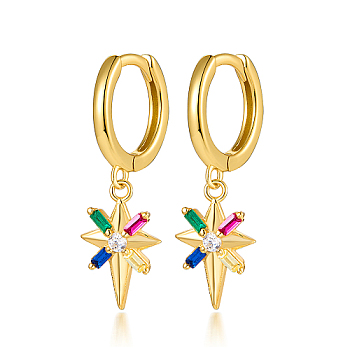 Star 925 Sterling Silver Dangle Hoop Earrings, with Colorful Cubic Zirconia, Golden, 21x7mm