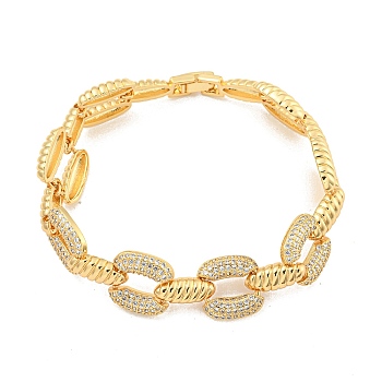 Brass Micro Pave Clear Cubic Zirconia Oval & Croissant Link Chian Bracelets for Women, Real 16K Gold Plated, 7-7/8 inch(20cm)