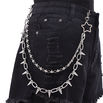 Punk Style Star Alloy with Aluminium Spiked Cone Double Layered Chain Belts for Pants, Platinum, 500mm