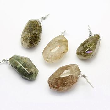Natural Green Rutilated Quartz Pendants, Oval, Faceted, 34~37x20~27x13~14mm, Hole: 2mm