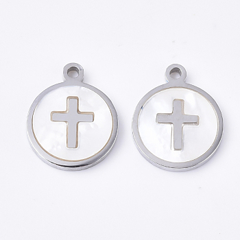 304 Stainless Steel Charms, with Shell, Flat Round with Cross, Stainless Steel Color, 12x10x1.5mm, Hole: 1.2mm