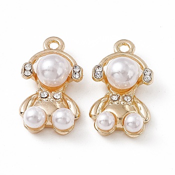 ABS Plastic Imitation Pearl Pendants, with Alloy Findings and Rhinestones, Bear Charm, Golden, 19.5x11x7mm, Hole: 1.4mm