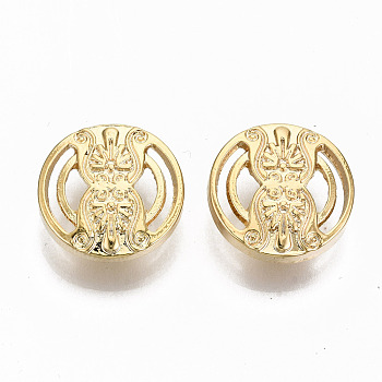 Brass Shank Buttons, Nickel Free, Hollow Flat Round with Flower Pattern, Real 18K Gold Plated, 17x6mm, Hole: 2mm