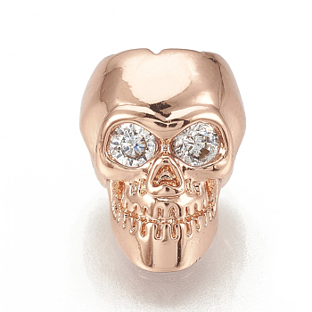 Brass Cubic Zirconia Beads, Skull, Clear, Rose Gold, 11.5x9x9.5mm, Hole: 1.5mm