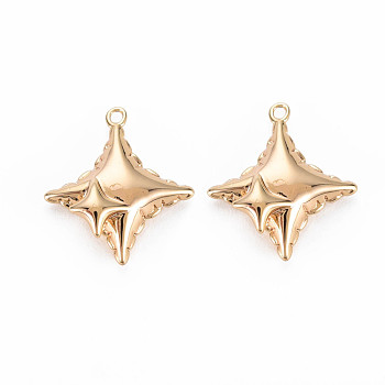 Brass Charms, Nickel Free, 4 Pointed Star, Real 18K Gold Plated, 14.5x13x4mm, Hole: 1mm