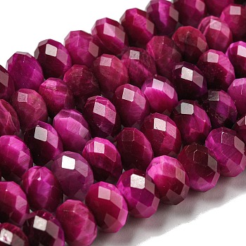 Natural Tiger Eye Beads Strands, Faceted, Dyed, Rondelle, Fuchsia, 8~8.5x5~5.5mm, Hole: 1mm, about 71pcs/strand, 15.31''(38.9cm)