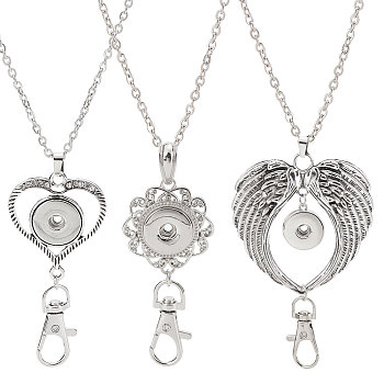 DIY Wing & Heart & Flower Snap Button Office Lanyard Making Kit, Including 3Pcs Alloy Snap Pendant Making, 3Pcs 304 Stainless Steel Cable Chains Necklaces with Clasps, Platinum & Stainless Steel Color, 749mm