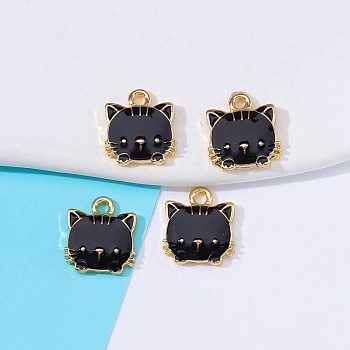 Alloy Enamel Pendants, Cat Charm, Golden, Black, 15x13mm