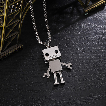 Alloy Robot Pendant 201 Stainless Steel Box Chain Necklaces, Platinum & Stainless Steel Color, 27.56 inch(70cm)
