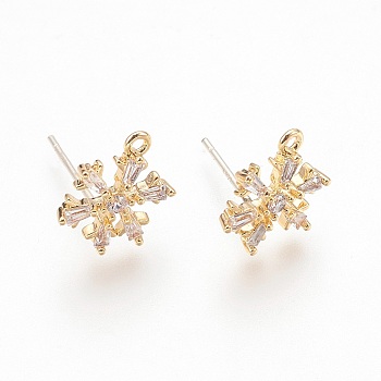 Brass Cubic Zirconia Ear Stud Findings, with Loop, Snowflake, Clear, Nickel Free, Real 18K Gold Plated, 11x8.5mm, Hole: 1mm