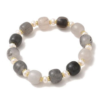 Natural Pearl & Cloudy Quartz Stretch Bracelets, with Real 14K Gold Plated Brass Beads, Inner Diameter: 2-1/4 inch(5.6cm)