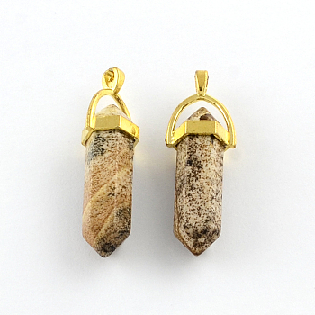 Picture Jasper Stone Pendants with Alloy Findings, Golden, 40~42x13.5x10mm, Hole: 2mm