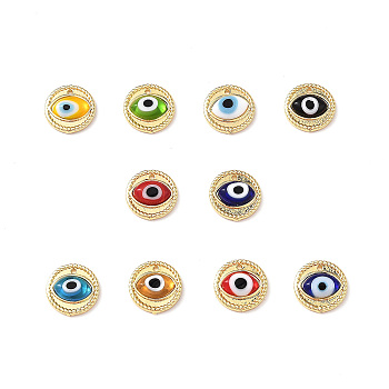 Handmade Lampwork Evil Eye Pendants, with Real 18K Gold Plated Brass Findings, Lead Free & Cadmium free, Flat Round Charm, Mixed Color, 14.5x4mm, Hole: 1mm