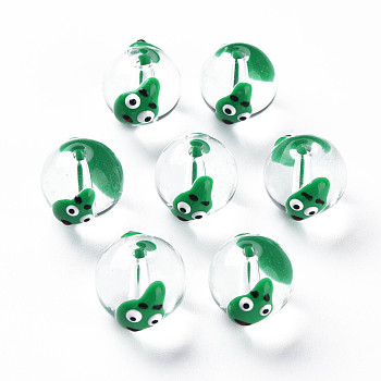 Transparent Glass Enamel Beads, Round with Cartoon, Green, 13.5~14x12~12.5x11.5mm, Hole: 1.6~2mm