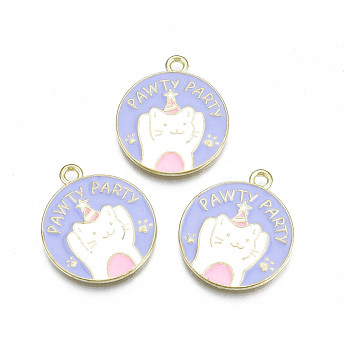 Alloy Enamel Pendants, Cadmium Free & Lead Free, Flat Round with Cat, Pink, 23x20x1.5mm, Hole: 1.8mm