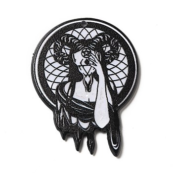 Printed Acrylic Pendants, Hecate with Ram Skull Charm, Black, 43.3x33x2.6mm, Hole: 1.9mm
