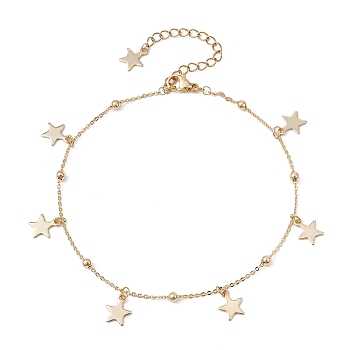 304 Stainless Steel Star Charm Anklets with Brass Satellite Chains, Golden, 9 inch(22.7cm)