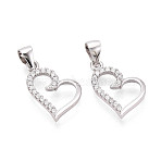 925 Sterling Silver Micro Pave Clear Cubic Zirconia Pendants, Heart Charms with 925 Stamp, Rhodium Plated, Platinum, 17x12x2mm, Hole: 3.5x5.5mm(STER-T008-82P)