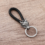 Dragon Viking 304 Stainless Steel KeyChains, Split Key Rings, with Black Color Braided PU Leather Cord, Stainless Steel Color, 65mm(UA5299)