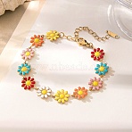304 Stainless Steel Anklet, Enamel Daisy Flower Chain for Women, Golden, 9-1/2 inch(24cm)(AJEW-B026-01G)