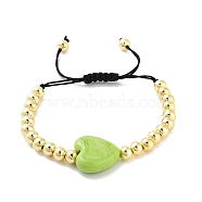 Handmade Lampwork Heart Bracelets, Adjustable 6mm Round Brass Braided Bead Bracelets for Women, Real 18K Gold Plated, Yellow Green, Inner Diameter: 1-7/8~3-1/8 inch(4.8~7.8cm), Heart: 19x20.5x7mm(BJEW-Q338-01A)