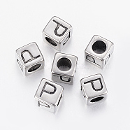 304 Stainless Steel Large Hole Letter European Beads, Cube with Letter.P, Antique Silver, 8x8x8mm, Hole: 5mm(STAS-H428-01AS-P)