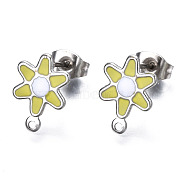 304 Stainless Steel Enamel Stud Earring Findings, with Loop and Ear Nuts/Earring Backs, Flower, Yellow, 12.5x9mm, Hole: 1mm, Pin: 0.8mm(STAS-T052-43P-06)