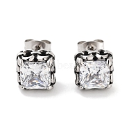 Square 316 Surgical Stainless Steel Pave Cubic Zirconia Stud Earrings for Women Men, Antique Silver, Clear, 9x9mm(EJEW-Z050-06B-AS)