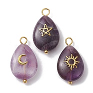 3Pcs 3 Styles Natural Amethyst Pendant, Teardrop Charms with Golden Plated Metal Moon & Sun & Star, 23~23.5x13x6.5~7mm, Hole: 2.4~2.8mm, 1pc/style(PALLOY-JF02576-03)