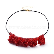 Cowhide Leather Cord Bib Necklaces, with Polymer Clay Heishi Beads, Acrylic Cloth Pendant, 304 Stainless Steel Twisted Extender Chains and Lobster Claw Clasps, Flower, Red, 18.1 inch(46cm)(NJEW-JN02590-03)