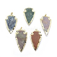 Natural Indian Agate Pendants, with Brass Findings, Arrowhead, Golden, 57~66x30~35x9~10mm, Hole: 5x8mm(G-P383-07G)