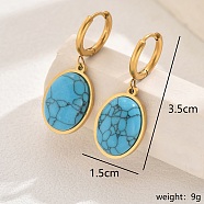 Elegant Vintage Style Stainless Steel & Synthetic Turquoise Oval Hoop Earrings, Golden, 35x15mm(AK8328)