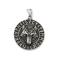 304 Stainless Steel Norse Valknut Rune Pendant, Flat Round with Wolf, Antique Silver, 42.5x37x6.5mm, Hole: 7x4mm(STAS-P309-11AS)