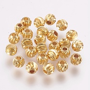 Brass Beads, Long-Lasting Plated, Round with Corrugated, Golden, 8x7mm, Hole: 2mm(KK-WH0063-10B-G)