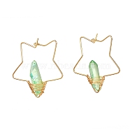 Electroplated Natural Quartz Wire Wrapped Earrings for Girl Women, Golden Star Brass Hoop Earrings, Green, 35x35x6.5mm, Pin: 0.7mm(EJEW-JE04648-02)