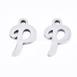 201 Stainless Steel Charms, Laser Cut, Alphabet, Stainless Steel Color, Letter.P, 12.5x8x1mm, Hole: 1.4mm(STAS-T044-217P-P)