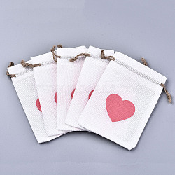 Burlap Packing Pouches Drawstring Bags, with Heart Pattern, Hot Pink, 14x10cm(ABAG-Q052-02A)