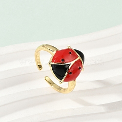 Brass Enamel Cuff Rings for Women, Ladybug, Real 18K Gold Plated, Tray: 15x14mm, Inner Diameter: Adjustable(RJEW-A059-03G)