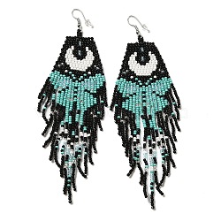 Bohemia Woven Glass Seed Bead Dangle Earrings, Tassel Chandelier Iron Earrings for Women, Butterfly, Black, 136mm(EJEW-A046-02C)